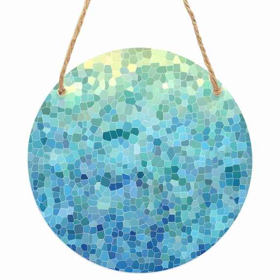 Turquoise Blue Teal Round Front Door Welcome Sign, 5.9 Inch Wall Hanging Decor for Indoor Outdoor, Chic Stained Glass Texture Aesthetic Home Porch Hanger Decorations for Holiday Gift