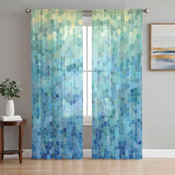 Turquoise Blue Teal Sheer Curtains 63 Inch Length 2 Panels Set, Chic Stained Glass Texture Aesthetic Voile Window Treatment Rod Pocket Curtains Sheers Drapes for Bedroom/Living Room/Kitchen 52x"63"x2