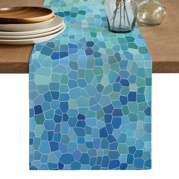 Turquoise Blue Teal Table Runner, Chic Stained Glass Texture Aesthetic Washable Cotton Linen Table Runners 36 Inches Long, Dresser Scarf Runner for Nightstand/End Tables/Round Tables 13''x36''
