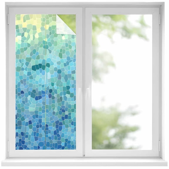 Turquoise Blue Teal Window Privacy Film, Chic Stained Glass Texture Aesthetic Static Cling UV Sun Blocking Heat Control Window Tint, Non-Adhesive One Way Windows Privacy Cover 19.6''x39.3''