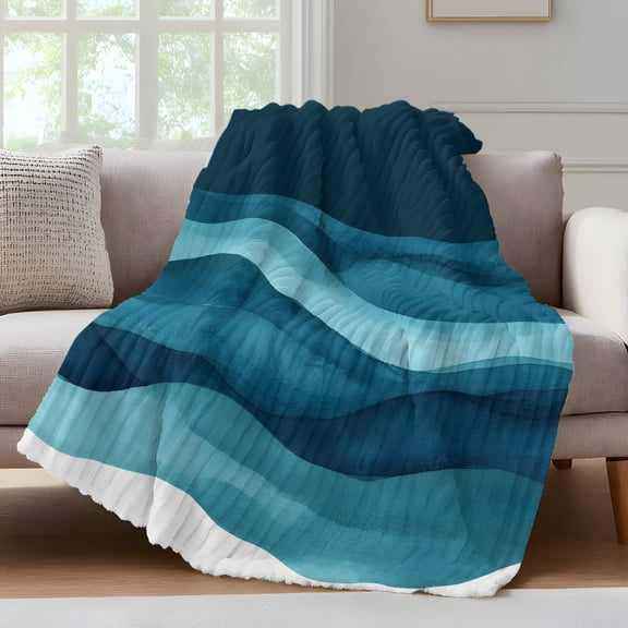Turquoise Blue Throw Blanket for Couch Water Ripple Abstract Gradient Waves Modern Soft and Warm Flannel 3D Striped Fluffy Fuzzy Fleece Blanket Lightweight Throw for Bed, Sofa 30 x 40 Inches