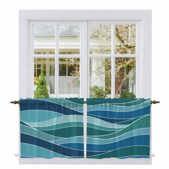 Turquoise Blue Tier Curtains, Green Gradient Abstract Wave Stripes Light Filtering Kitchen Curtains, 2Pcs Rod Pocket Half Window Treatments Panels for Sink Cafe Cabinet Camper 27.5x24 Inches
