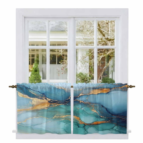 Turquoise Blue Tier Curtains, Modern Teal Gold Marble Textured Light Filtering Kitchen Curtains, 2Pcs Rod Pocket Half Window Treatments Panels for Sink Cafe Cabinet Camper 27.5x24 Inches