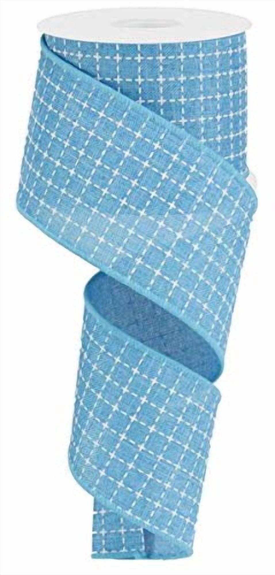 Turquoise Blue White Raised Stitched Plaid Wired Ribbon (2.5 Inches x 50 Yards)