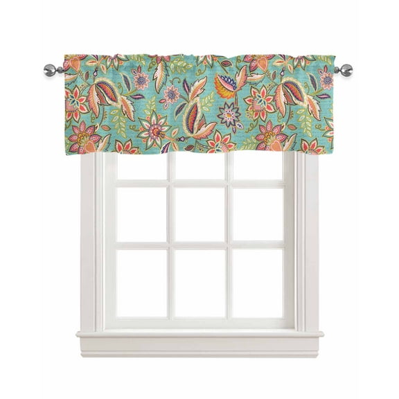 Turquoise Bohemian Linen Curtain Valance for Bedroom/Bathroom/Kitchen/Living/Dining Room Window,Boho Floral Flower Colorful Traditional Leaf Pocket Topper Drapes Decorative Cafe Drapery 54"x18"