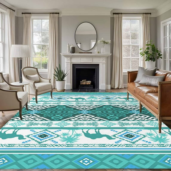 Turquoise Boho Area Rugs 5'x8', Washable Small Throw Rugs for Classroom Bedroom, Southwest Aztec Tropical Tree Animals Motifs Indoor Outdoor Rug Non-Slip Low Pile Carpet Runner Reversible Floor Mats