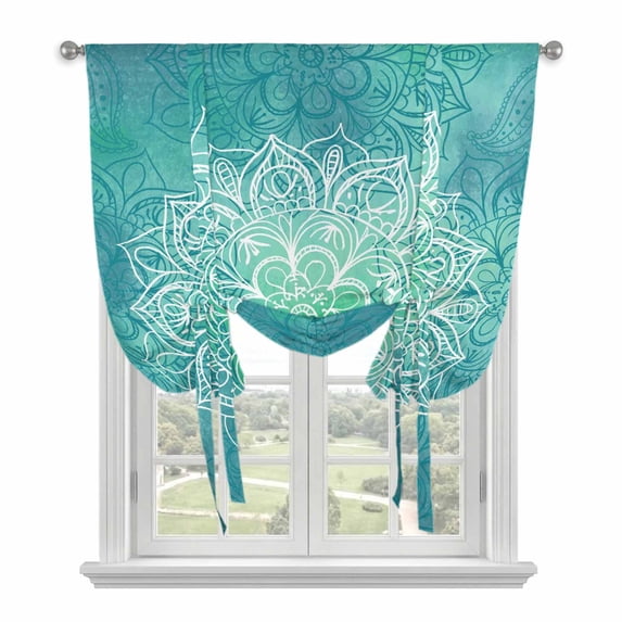 Turquoise Boho Balloon Curtains for Living Room/French Door, Oriental Abstract Motifs Traditional Bohemian Tie Up Curtains 63 Inch Length Energy Saving Kitchen Curtains Shades for Windows 42"x63"