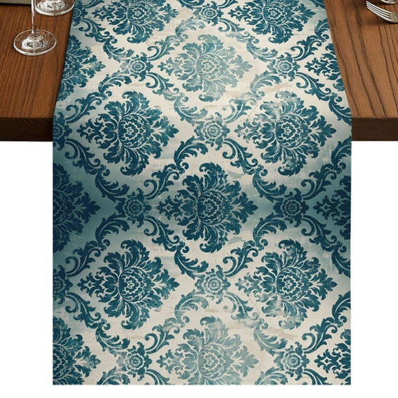 Turquoise Boho Burlap Cotton Table Runner 18x72 Inches Long, Teal Ombre Floral Ethic Tribe Farmhouse Table Runners, Outdoor Dining Tablecloths Decor for Baby Shower/Party/Wedding