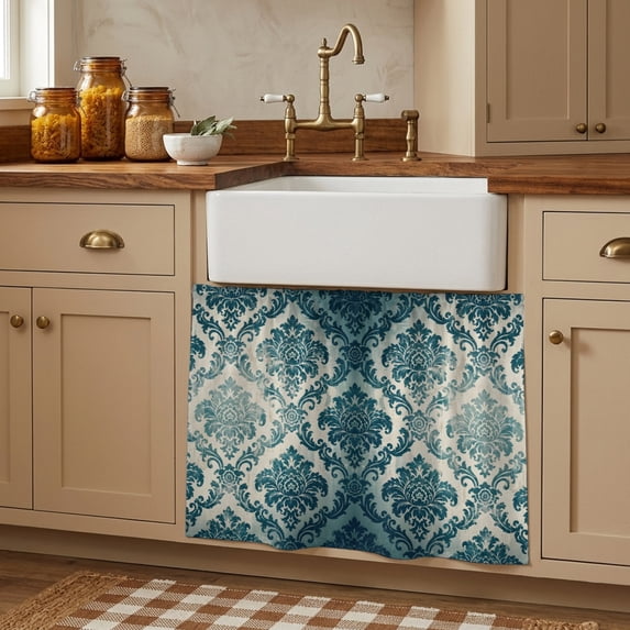 Turquoise Boho Cabinet Curtains 28"W x 35L, Teal Ombre Floral Ethic Tribe Under Sink Skirt for Bathroom Vanity Kitchen Self Adhesive, Dust-Proof Privacy Curtain for Closet Shelves Laundry Room