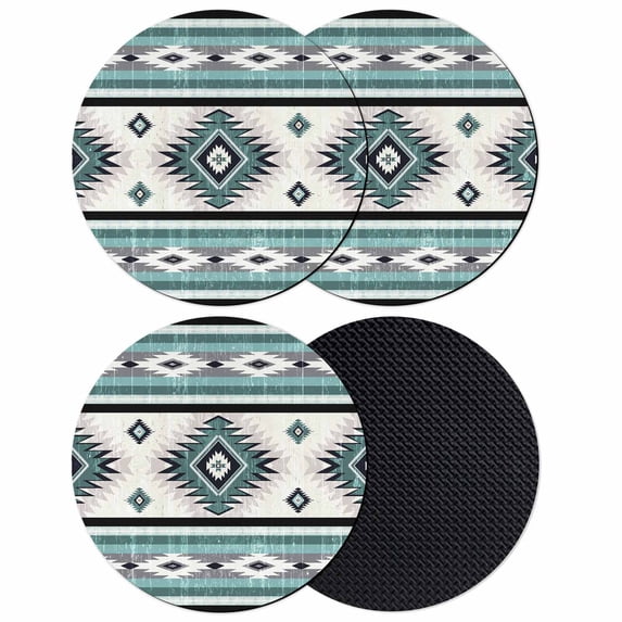 Turquoise Boho Coasters Set of 4, Southwestern Ethnic Aztec Retro Geometric Absorbent Coasters for Drinks, Coaster for Bar Office Dining Coffee Table Accessories Decor, Non Slip Round Desk Coaster
