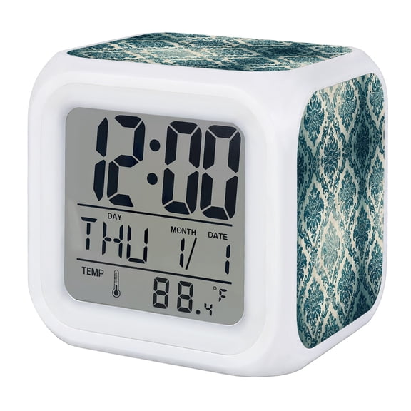 Turquoise Boho Digital Alarm Clock for Bedrooms, Smart LED Alarm Clock with 7 Color Changing Night Light, Teal Ombre Floral Ethic Tribe Silent Wake Up Clocks for Sleep Study Cooking 3.2"x3.2"