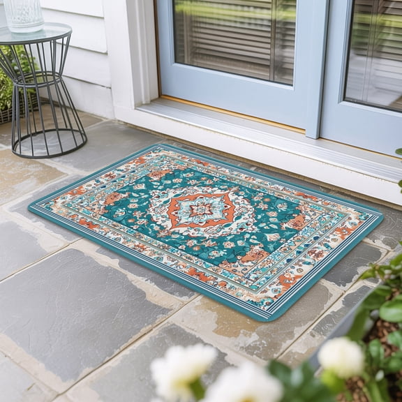 Turquoise Boho Door Mat Indoor Outdoor, Ethnic Aztec Southwest Abstract Pattern Non Slip Welcome Mat with Rubber Backing, Absorbent Fabric Front Door Mats Entryway Rug for Home Patio Entrance 24"x36"
