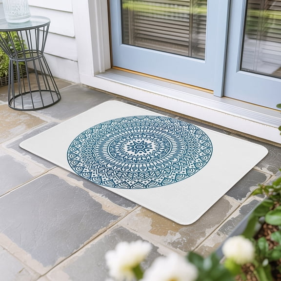 Turquoise Boho Door Mat Indoor Outdoor, Retro Ethnic Teal Geometric Aesthetic Non Slip Welcome Mat with Rubber Backing, Absorbent Fabric Front Door Mats Entryway Rug for Home Patio Entrance 24"x36"