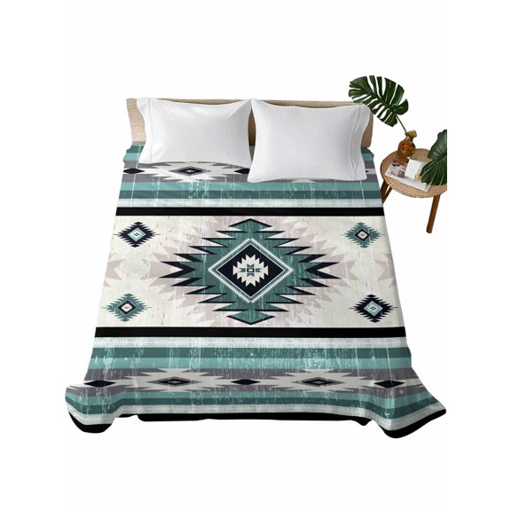 Turquoise Boho Flat Sheets Only Queen Size, Soft Breathable Bed Top Sheets for Mattress, Southwestern Ethnic Aztec Retro Geometric Luxury Bedding Flat Sheets for Home Hotel Bedroom Bed Protection