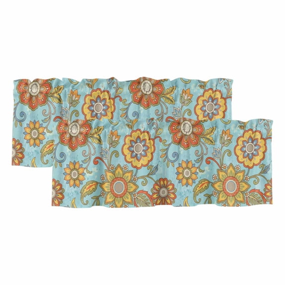 Turquoise Boho Floral Curtain Valances for Windows, Kitchen Valance Window Treatments Panel 2 Pack, Vintage Abstract Art Ethnic Flowers Rod Pocket Short Curtains for Bathroom Bedroom 42 x 12 Inch