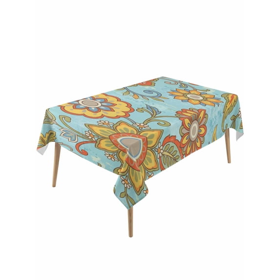 Turquoise Boho Floral Rectangle Tablecloth, Vintage Abstract Art Ethnic Flowers Waterproof & StainResistant Tablecloth, Washable Oil-proof Table Cover for Dining/Party/Wedding/Buffet 60x120 In