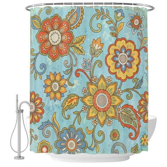 Turquoise Boho Floral Shower Curtain, Waterproof Shower Curtains for Bathroom, Vintage Abstract Art Ethnic Flowers Washable Fabric Bathtub Curtain Set Bath Decor with 12 Hooks Stall 36"x72"