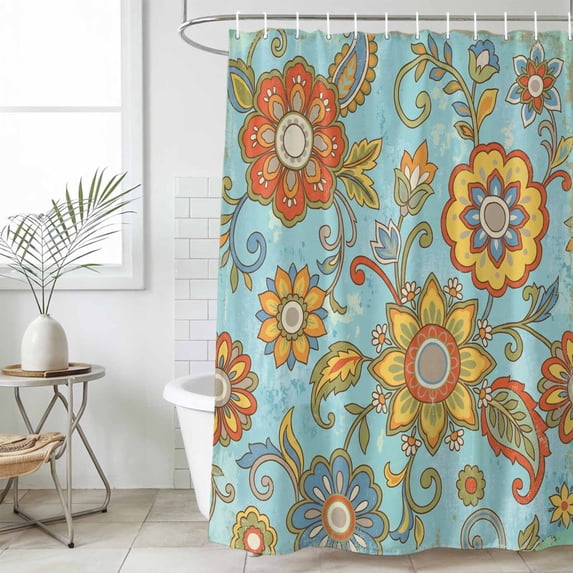 Turquoise Boho Floral Small Stall Shower Curtain, Waterproof Shower Curtains for Bathroom, Vintage Abstract Art Ethnic Flowers Washable Fabric Bath Curtain for Bathtub with Hooks 36x72 Inches
