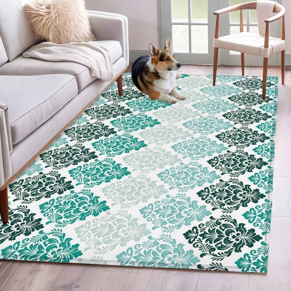 Turquoise Boho Flowers Area Rugs 4'x6', Washable Small Throw Rugs for Office Bathroom, Modern Luxurious Geometric Floral Indoor Outdoor Rug Non-Slip Low Pile Carpet Runner Reversible Floor Mats