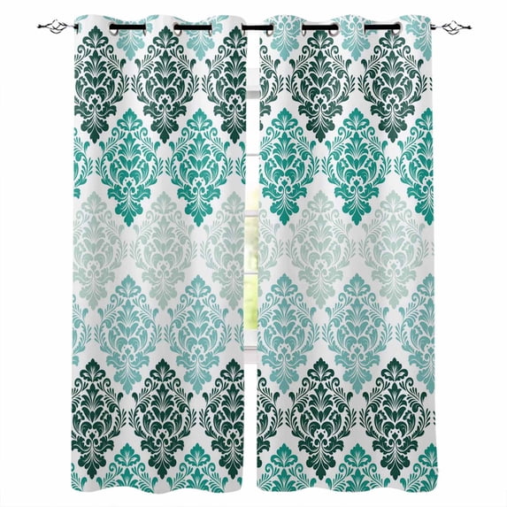 Turquoise Boho Flowers Blackout Curtains for Bedroom/Living Room, Thermal Insulated Kitchen Curtains, Modern Luxurious Geometric Floral Grommet Darkening Window Treatment Drapes 52"x63"x2