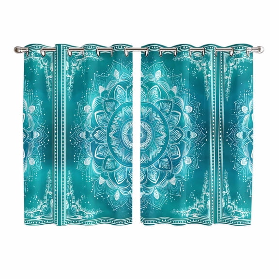 Turquoise Boho Kitchen Curtains 72 Inch Length, Abstract Art Floral Ethnic Tribal Grommet Top Bedroom Living Room Curtains, Light Filtering Cafe Curtain Drapes 2 Panels Set 104''x72''