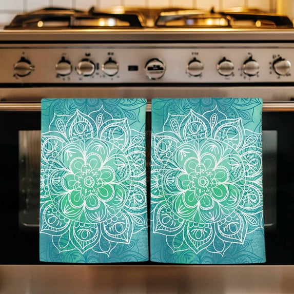 Turquoise Boho Kitchen Towels Set of 4, Oriental Abstract Motifs Traditional Bohemian Absorbent Dish Towels for Kitchen, Microfiber Hand Towel, Quick Drying Tea Towel Decorative Dishcloths