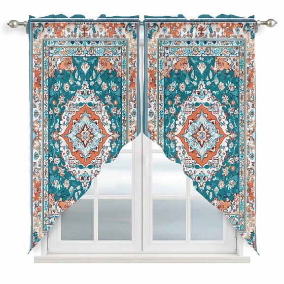 Turquoise Boho Kitchen Window Curtains, Swag Curtains Valance for Bedroom Living Room Bathroom, Ethnic Aztec Southwest Abstract Pattern Rod Pocket Window Curtain Block Drapes 2 Panels 36"x63"