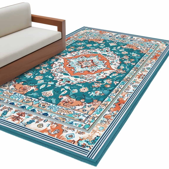 Turquoise Boho Large Area Rugs for Bedroom Living Room, Non Slip Carpet Bedside Rug, Ethnic Aztec Southwest Abstract Pattern Rectangular Floor Cover Kitchen Accent Rug 2.7'x5' for Dining Room/Office