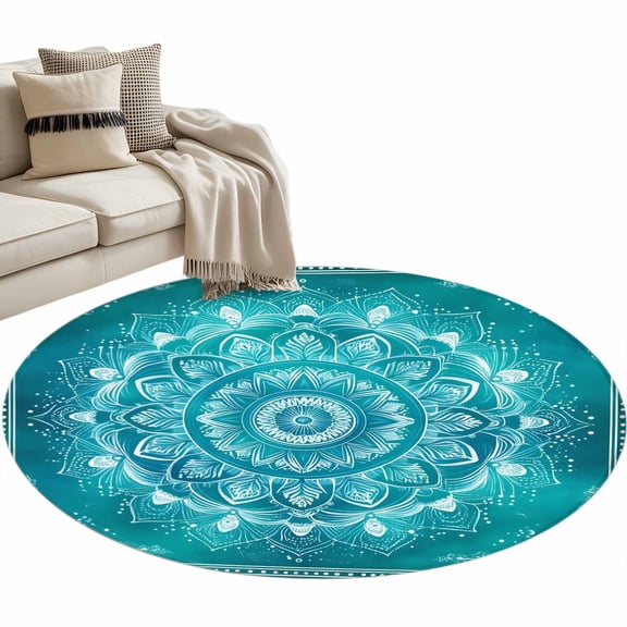 Turquoise Boho Large Area Rugs for Bedroom Living Room, Soft Non Slip Carpet Bedside Rug, Abstract Art Floral Ethnic Tribal Round Floor Cover Kitchen Accent Rug 4' for Dining Room/Office