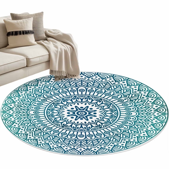 Turquoise Boho Large Area Rugs for Bedroom Living Room, Soft Non Slip Carpet Bedside Rug, Retro Ethnic Teal Geometric Aesthetic Round Floor Cover Kitchen Accent Rug 3' for Dining Room/Office