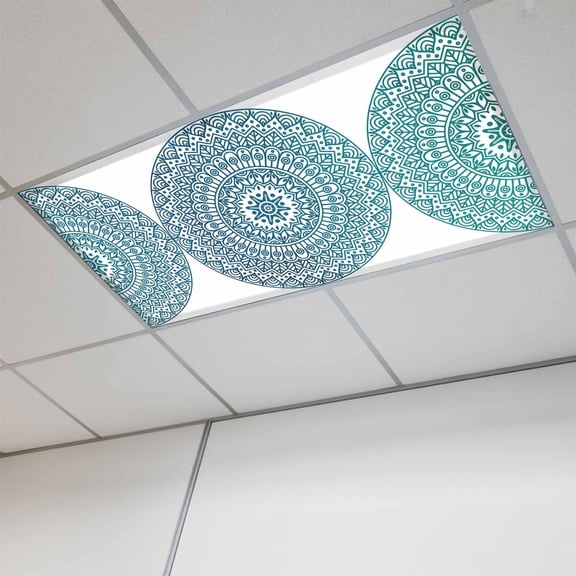 Turquoise Boho Magnetic Fluorescent Light Covers for Ceiling Lights 2x4Ft, Retro Ethnic Teal Geometric Aesthetic Office Classroom Kitchen Drop Ceiling Light Covers Lighting Filters Shade Panel 1 Pack