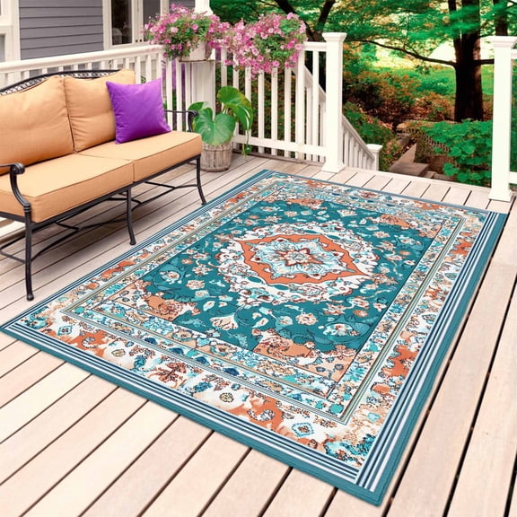 Turquoise Boho Outdoor Rug 3x5 Ft, Non Slip Washable Area Rug, Ethnic Aztec Southwest Abstract Pattern Patio Rugs Carpet Runner, Large Floor Mat for Indoor/Outdoor Deck Porch Camping