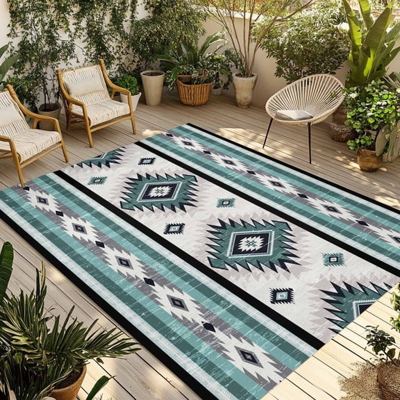 Turquoise Boho Outdoor Rug 3x5 Ft - Reversible Patio Rug Outdoor Camping Rugs, Southwestern Ethnic Aztec Retro Geometric Indoor Outdoor Area Rugs, Non-Slip Outdoor Carpet Runner for Deck/Porch