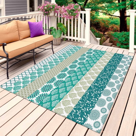 Turquoise Boho Outdoor Rug 5x8 Ft, Non Slip Washable Area Rug, Modern Abstract Art Floral Geometric Patio Rugs Carpet Runner, Large Floor Mat for Indoor/Outdoor Deck Porch Camping