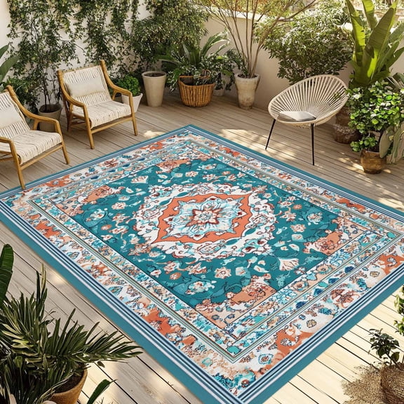 Turquoise Boho Outdoor Rug 5x8 Ft - Reversible Patio Rug Outdoor Camping Rugs, Ethnic Aztec Southwest Abstract Pattern Washable Indoor Outdoor Area Rugs, Non-Slip Outdoor Carpet Runner for Deck/Porch