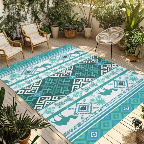 Turquoise Boho Outdoor Rug for Patio/Deck/Porch, Non-Slip Large Area Rug 4 x 6 Ft, Southwest Aztec Tropical Tree Animals Motifs Indoor Outdoor Rugs Washable Area Rugs, Camping Rug Carpet Runner