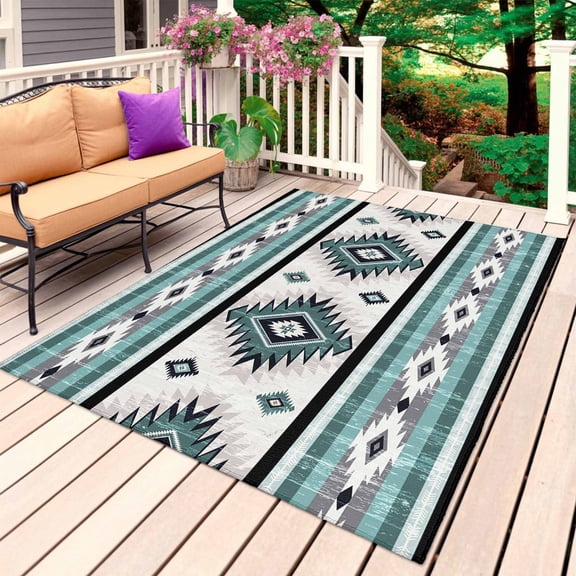 Turquoise Boho Outdoor Rug for Patio/Deck/Porch, Non-Slip Large Area Rug 5 x 8 Ft, Southwestern Ethnic Aztec Retro Geometric Indoor Outdoor Rugs Washable Area Rugs, Camping Rug Carpet Runner