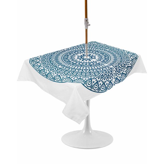 Turquoise Boho Rectangle Outdoor Tablecloth, Waterproof Table Cloth Cover with Umbrella Hole and Zipper, Retro Ethnic Teal Geometric Aesthetic Table Protector for Patio Party Picnic 52"x70"