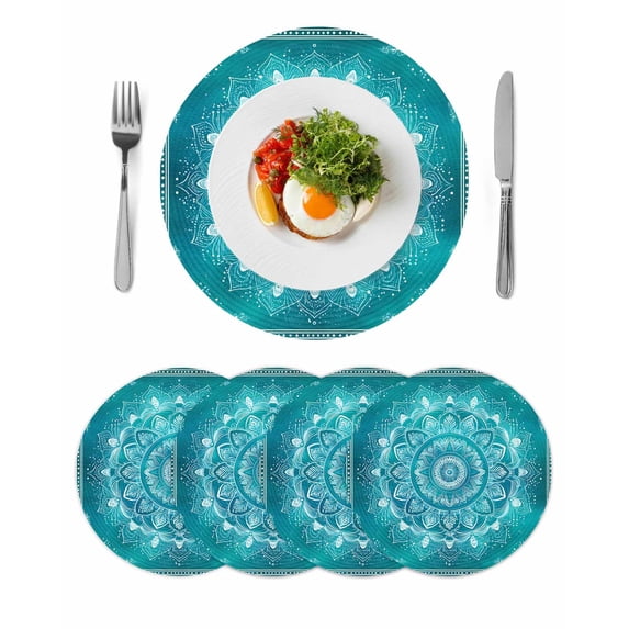 Turquoise Boho Round 13 Inch Placemats Set of 4, Abstract Art Floral Ethnic Tribal HeatResistant Non Slip Place Mats for Dining Table, Wipeable Braided Kitchen Table Mats for Housewarming