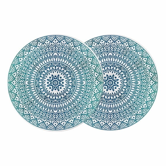 Turquoise Boho Round 15 Inch Placemats Set of 2, Retro Ethnic Teal Geometric Aesthetic HeatResistant Non Slip Place Mats for Dining Table, Wipeable Braided Kitchen Table Mats for Housewarming