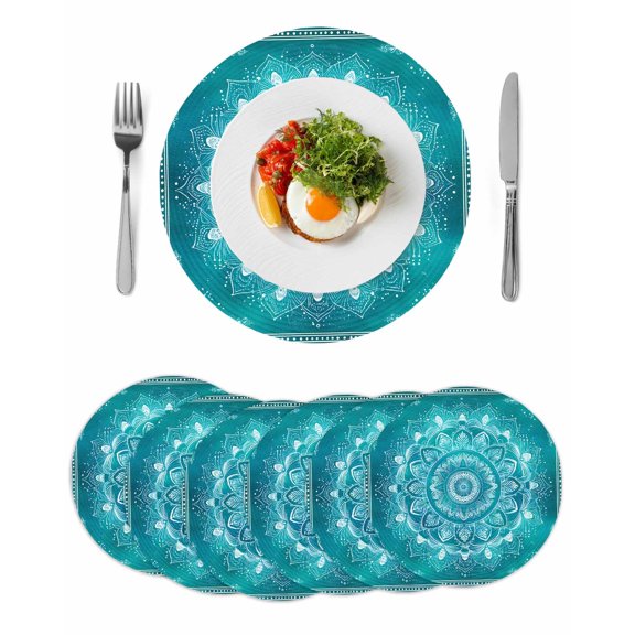 Turquoise Boho Round 15 Inch Placemats Set of 6, Abstract Art Floral Ethnic Tribal HeatResistant Non Slip Place Mats for Dining Table, Wipeable Braided Kitchen Table Mats for Housewarming