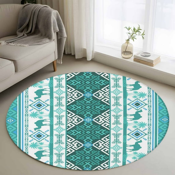 Turquoise Boho Round Area Rug 3Ft Washable Small Circle Rugs for Kitchen Entryway, Southwest Aztec Tropical Tree Animals Motifs Non-Slip Carpet Floor Mats Indoor Outdoor Carpet Runner Home Decor