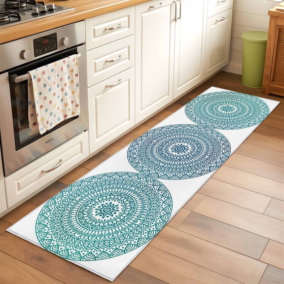 Turquoise Boho Runner Rug 2x6 FT, Non Slip Hallway Carpet, Retro Ethnic Teal Geometric Aesthetic Washable Floor Carpet Throw Runner Carpet Long Rug for Entryway Kitchen Bedside Sliding Door