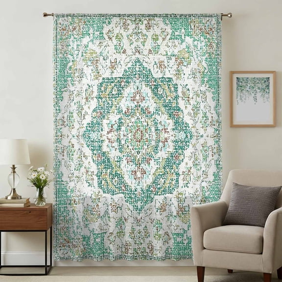 Turquoise Boho Sheer Curtains 54 Inches Long for Bedroom, Vintage Abstract Art Floral Ethnic Tribe Light Filtering Privacy Drapes, Breathable Semi Sheer Window Treatment for Bathroom Kitchen