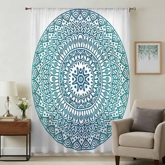 Turquoise Boho Sheer Curtains 54 Inches Long, Retro Ethnic Teal Geometric Aesthetic Light Filering Curtains, Breathable Simi Curtain Privacy Drapes for Kitchen Bathroom Small Window Treatment