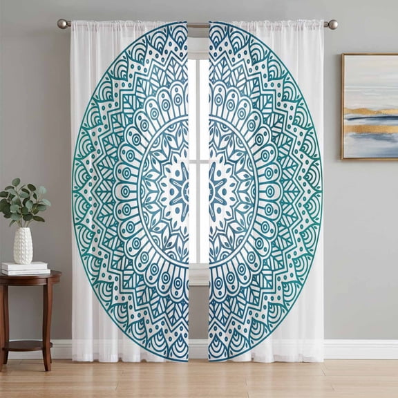 Turquoise Boho Sheer Curtains 84 Inch Length 2 Panels Set, Retro Ethnic Teal Geometric Aesthetic Voile Window Treatment Rod Pocket Curtains Sheers Drapes for Bedroom/Living Room/Kitchen 52"x84"x2