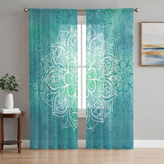 Turquoise Boho Sheer Curtains 84 Inch Length 2 Panels Set Window Treatments, Oriental Abstract Motifs Traditional Bohemian Rod Pocket Semi Curtains for Living Room/Bedroom/Kitchen, 104"W x 84"L