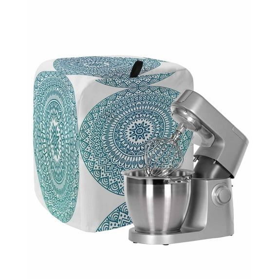 Turquoise Boho Stand Mixer Dust Cover with Storage Pocket & Handles, Retro Ethnic Teal Geometric Aesthetic Fits All Tilt Head & Bowl Lift Kitchen Appliance Cover Organizer Bag Accessories, 6-8 Quart