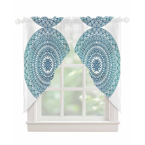 Turquoise Boho Swag Valances for Windows, Retro Ethnic Teal Geometric Aesthetic Rod Pocket Sheer Valances for Large Windows, Swag Toppers Light Filtering for Kitchen Living Room 2 Panels 36''x63''