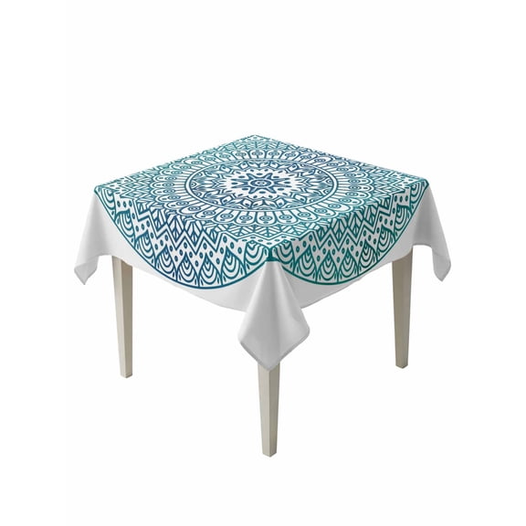Turquoise Boho Table Cloth, Waterproof Tablecloth for Square Tables, Retro Ethnic Teal Geometric Aesthetic Reusable Washable Fabric Table Cover for Restaurant Kitchen Dining Tables 54"x54"